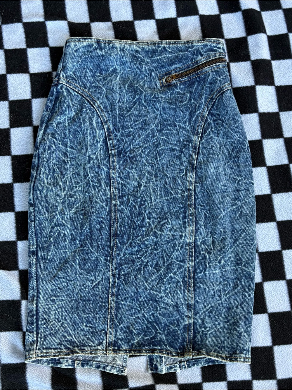 Vintage Marble Wash Denim Skirt | High Rise Pencil Midi | Exposed Zip | Size 3